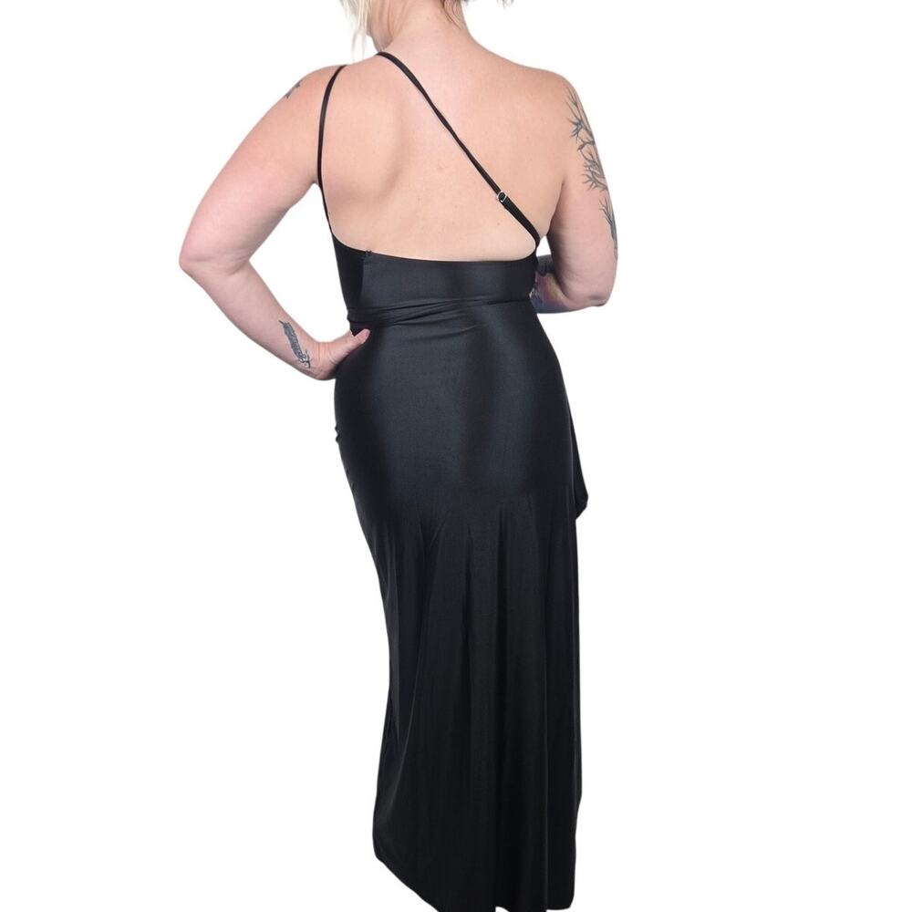 Medium Sexy Black One Shoulder Satin Maxi Dress w Slit [TF034-Black-M] - Picture 4 of 6
